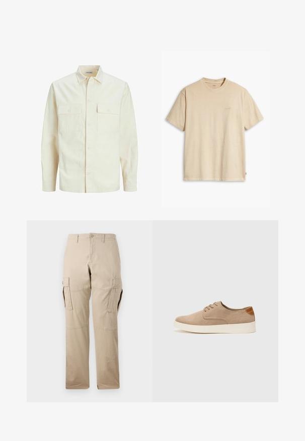 Light beige long-sleeve shirt with a collared neckline, two front pockets, button closure, and a textured fabric.; Beige cotton t-shirt with a round neck and short sleeves. Features a subtle "Levi's" logo in the same color on the chest. Soft texture.; Beige cargo pants made of cotton, featuring a straight leg design, multiple side pockets, and a button closure. Smooth texture overall.; Beige suede sneakers with a rounded toe, lace-up front, and a textured back accent. White rubber sole provides contrast. Simple and modern design.