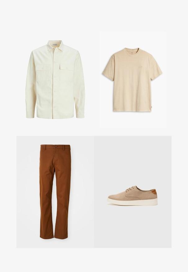 Svetlo béžová košeľa s dlhým rukávom, s golierom, dvoma prednými vreckami, zapínaním na gombíky a textúrovanou látkou.; Béžové bavlnené tričko s okrúhlym výstrihom a krátkymi rukávmi. Na hrudi je jemné logo "Levi's" v tej istej farbe. Mäkká textúra.; Hnedé bavlnené nohavice s bežným strihom, s gombíkovým zapínaním, pútkami na opasok a rovnými nohavicami. Hladká textúra bez vzorov.; Béžové semišové tenisky s okrúhlou špičkou, šnurovaním vpredu a textúrovaným zadným akcentom. Biela gumová podrážka poskytuje kontrast. Jednoduchý a moderný dizajn.