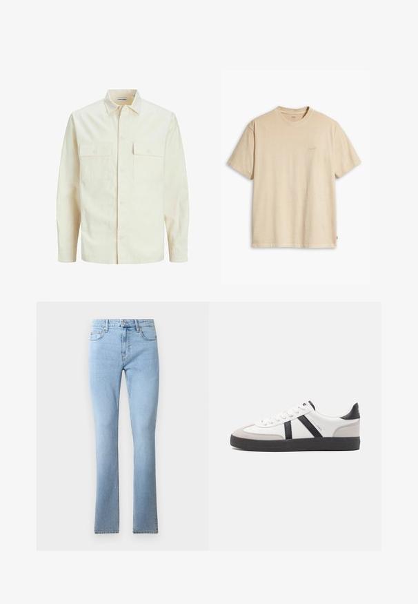 Svijetlo bež košulja dugih rukava s ovratnikom, dva prednja džepa, zatvaranje na dugmad i teksturirani materijal.; Bež pamučna majica s okruglim izrezom i kratkim rukavima. Sadrži suptilan "Levi's" logo iste boje na prsima. Mekana tekstura.; Svijetloplave traperice s razrezom, srednjeg struka, pet džepova i kontrastnim šavovima. Glatka tekstura s klasičnim krojem.; Bijele tenisice s crnim i sivim detaljima, s teksturiranim sivim zaštitnikom prstiju, crnim gumene potplate i ravnim bijelim vezicama. Čist dizajn, minimalistički stil.