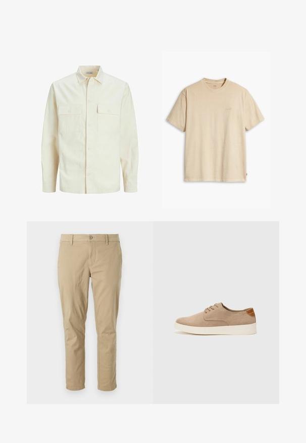 Gai bēšs garām piedurknēm krekls ar apkakles izgriezumu, divām priekšējām kabatām, pogu aizdari un teksturētu audumu.; Bežs kokvilnas T-krekls ar apaļu apkakli un īsām piedurknēm. Priekšpusē ir smalka "Levi's" logo tajā pašā krāsā. Mīksta tekstūra.; Beige kokvilnas twilla bikses ar šauru piegriezumu, ar pogu aizdari, jostas cilpiņām un taisnām kājām. Gluda tekstūra, bez pamanāmām rakstu. ; Beige zamšādas kedas ar noapaļotu purngala daļu, auklēm saplacinātu priekšpusi un teksturētu aizmugures akcentu. Balta gumijas zole nodrošina kontrastu. Vienkāršs un mūsdienīgs dizains.