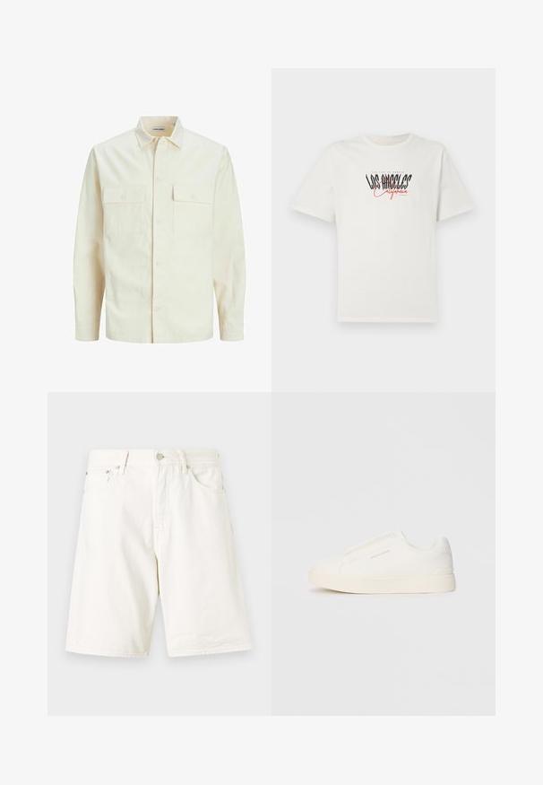 Svetlo béžová košeľa s dlhým rukávom, s golierom, dvoma prednými vreckami, zapínaním na gombíky a textúrovanou látkou.; Biela bavlnená tričko s krátkymi rukávmi a okrúhlym výstrihom. Obsahuje grafiku "Los Angeles California" v čiernej a červenej farbe. Jednoduchý, uvoľnený strih.; Biele denimové šortky s rovný strihom, s pútkami na opasok, na zips a dvoma prednými vreckami. Hladká textura a jednoduchý dizajn.; Biele slip-on tenisky s textúrovaným povrchom, hrubou podrážkou a minimalistickým dizajnom. Obsahuje logo značky na boku.