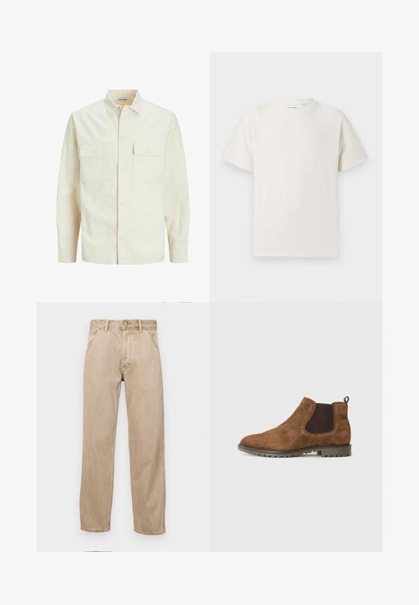 Kergedbež pika-särk pikkade varrukatega, krae ja kahe eespool asuva taskuga, nööpidega kinnitamine ja reljeefne materjal.; Valge lühikeste varrukatega T-särk ribakudumises. Ümar kaelus, mugav lõige, nähtavad mustrid ega aksessuaarid puuduvad. Lihtne ja mitmekesine disain.; Bežidemini teksased sirgjoonise kujundusega, front pocket'itega, metallist nööbi kinnitusega ja peene tekstuuriga.; Pruun nahast Chelsea saapad elastsete külgpanelide, tõmbeaugu ja tekstuuritud kummitaldaga, millel on haardeks sooned.