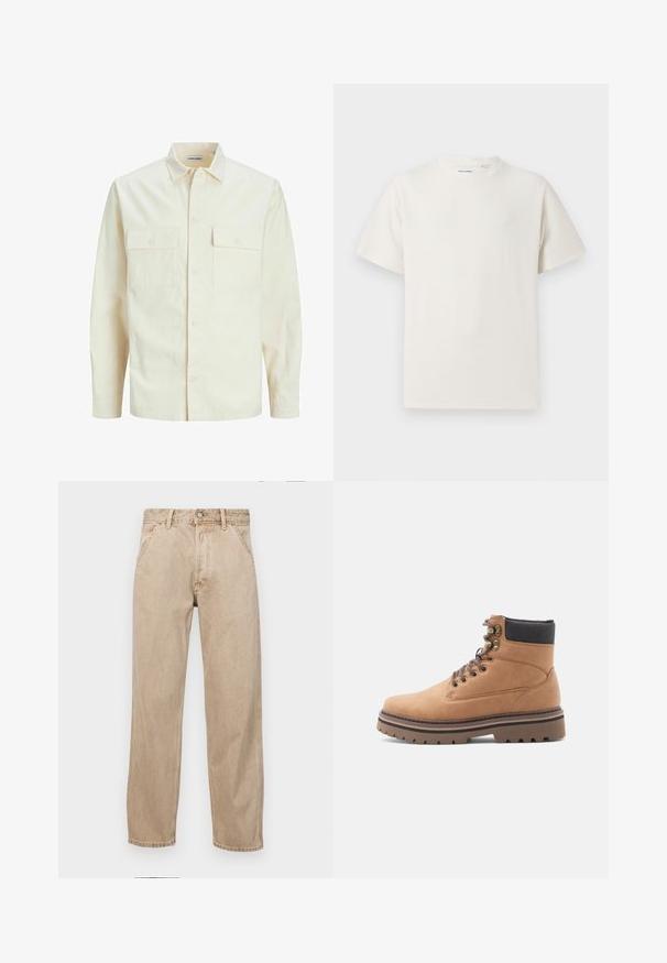 Hellbeige Langarmhemd mit klassischem Kragen, zwei Fronttaschen, Knopfverschluss und strukturiertem Stoff.; Weißes T-Shirt mit kurzen Ärmeln in gerippter Textur. Runder Ausschnitt, lockere Passform, keine sichtbaren Muster oder Akzente. Einfaches und vielseitiges Design.; Beige Denim-Jeans mit geradem Beinschnitt, ausgestattet mit Vordertaschen, einem Metallknopfverschluss und feiner Textur.; Braune Lederschuh mit schwarzem gepolstertem Kragen, Metallösen, braunen Schnürsenkeln und dicker brauner Profilsohle auf weißem Hintergrund.