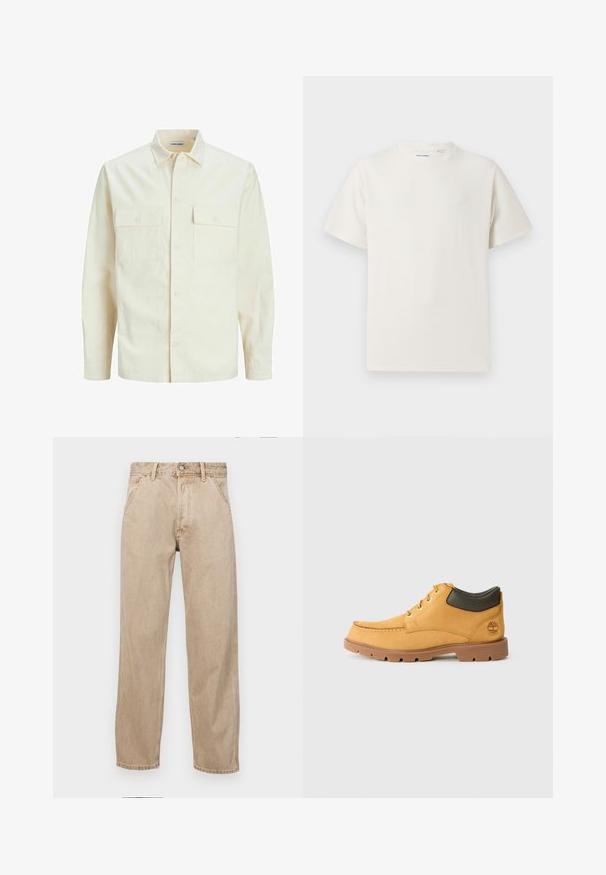 Camisa de manga larga color beige claro con cuello, dos bolsillos frontales, cierre de botones y una tela texturizada.; Camiseta blanca de manga corta en textura acanalada. Cuello redondo, corte relajado, sin patrones ni acentos visibles. Diseño simple y versátil.; Jeans de mezclilla beige con un diseño de pierna recta, que cuentan con bolsillos frontales, cierre de botón de metal y una textura sutil.; Zapato de cuero amarillo con suela de goma marrón, punta redonda y detalle en cuero verde en el tobillo. Presenta ojales dorados y acentos de costura.
