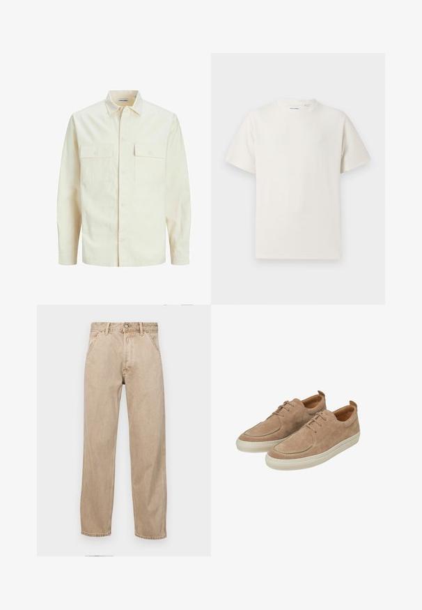 Lichtbeige langemouwen shirt met een kraaghalslijn, twee voorzakken, knoopsluiting en een gestructureerde stof.; Witte korte mouwen T-shirt met ribbelstructuur. Ronde hals, ontspannen pasvorm, geen zichtbare patronen of accenten. Eenvoudig en veelzijdig ontwerp.; Beige denim jeans met een recht gesneden ontwerp, voorzien van voorzakken, een metalen knoopsluiting en een subtiele textuur.; Beige suède sneakers met een ronde neus, gestikte details aan de voorkant en een witte rubberen zool. Voorzien van vetersluiting en een gevoerde kraag.