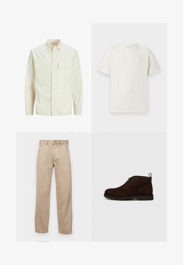 Chemise longue à manches longues beige clair avec un col, deux poches frontales, fermeture à boutons et un tissu texturé.; T-shirt blanc à manches courtes en texture côtelée. Encolure ronde, coupe décontractée, sans motifs ni accents visibles. Design simple et polyvalent.; Jeans en denim beige avec une coupe droite, dotés de poches avant, d'une fermeture à bouton en métal et d'une texture subtile.; Bottines en daim marron avec un bout arrondi, dotées de lacets et d'une languette à l'arrière, montées sur une semelle en caoutchouc avec une surface texturée.