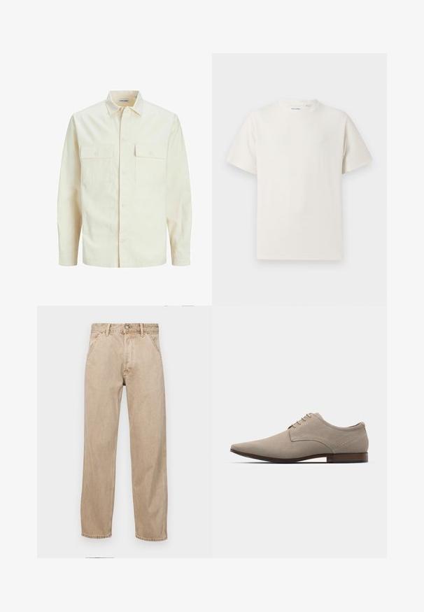 Hellbeige Langarmhemd mit klassischem Kragen, zwei Fronttaschen, Knopfverschluss und strukturiertem Stoff.; Weißes T-Shirt mit kurzen Ärmeln in gerippter Textur. Runder Ausschnitt, lockere Passform, keine sichtbaren Muster oder Akzente. Einfaches und vielseitiges Design.; Beige Denim-Jeans mit geradem Beinschnitt, ausgestattet mit Vordertaschen, einem Metallknopfverschluss und feiner Textur.; Beige Schnürschuhe aus weichem Wildleder, mit einer spitzen Zehenform, minimaler Nähte und einem Holzabsatz. Glatte Textur und schlichtes Design.
