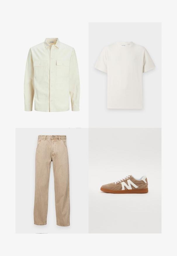 Světle béžová košile s dlouhým rukávem, límečkem, dvěma předními kapsami, zapínáním na knoflíky a strukturovanou tkaninou.; Bílý krátký rukáv tričko s pružnou strukturou. Kulatý výstřih, volný střih, bez viditelných vzorů nebo detailů. Jednoduchý a univerzální design.; Béžové džíny z denimu se středně širokým střihem, vybavené předními kapsami, kovovým zapínáním na knoflík a jemnou texturou.; Šněrovací teniska s hnědým semišovým svrškem, bílými textilními akcenty, prošívaným designem a hnědou gumovou podrážkou. Obsahuje výrazné logo "M".