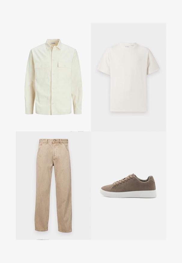 Világos bézs színű, hosszú ujjú ing, galléros nyakkal, két elülső zsebbel, gombos záródással és struktúrált anyaggal.; Fehér, rövid ujjú póló bordázott textúrával. Kerek nyakkivágás, laza szabás, nincs látható minta vagy díszítés. Egyszerű és sokoldalú dizájn.; Beige színű farmernadrág egyenes fazonnal, elülső zsebekkel, fém gombos záródással és diszkrét textúrával.; Barna nubuk sportcipők lapos fehér gumitalppal, fűzős kialakítással, lekerekített orral és sima textúrával. Minimalista stílus, finom varrási részletekkel.