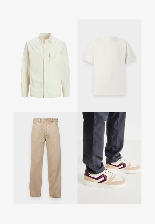 Kergedbež pika-särk pikkade varrukatega, krae ja kahe eespool asuva taskuga, nööpidega kinnitamine ja reljeefne materjal.; Valge lühikeste varrukatega T-särk ribakudumises. Ümar kaelus, mugav lõige, nähtavad mustrid ega aksessuaarid puuduvad. Lihtne ja mitmekesine disain.; Bežidemini teksased sirgjoonise kujundusega, front pocket'itega, metallist nööbi kinnitusega ja peene tekstuuriga.; Kreemivärvi ülemise osaga tennisetossud, roosa sametiga kaunistus ja tumepunane geomeetriline muster. Paks valge tald ja paelad koos tekstuuriga detailidega.