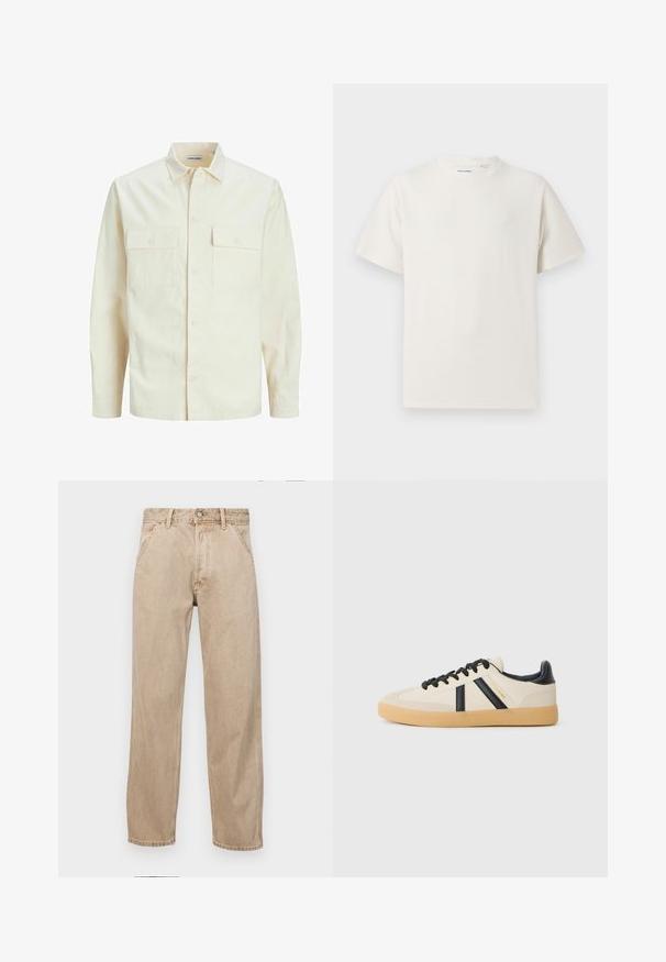 Light beige long-sleeve shirt with a collared neckline, two front pockets, button closure, and a textured fabric.; White short-sleeve T-shirt in a ribbed texture. Round neckline, relaxed fit, no visible patterns or accents. Simple and versatile design.; Beige denim jeans with a straight leg design, featuring front pockets, a metal button closure, and subtle texture.; Casual sneakers in cream with black stripes, featuring a textured upper and gum rubber sole. Laces are black. Subtle logo on side.