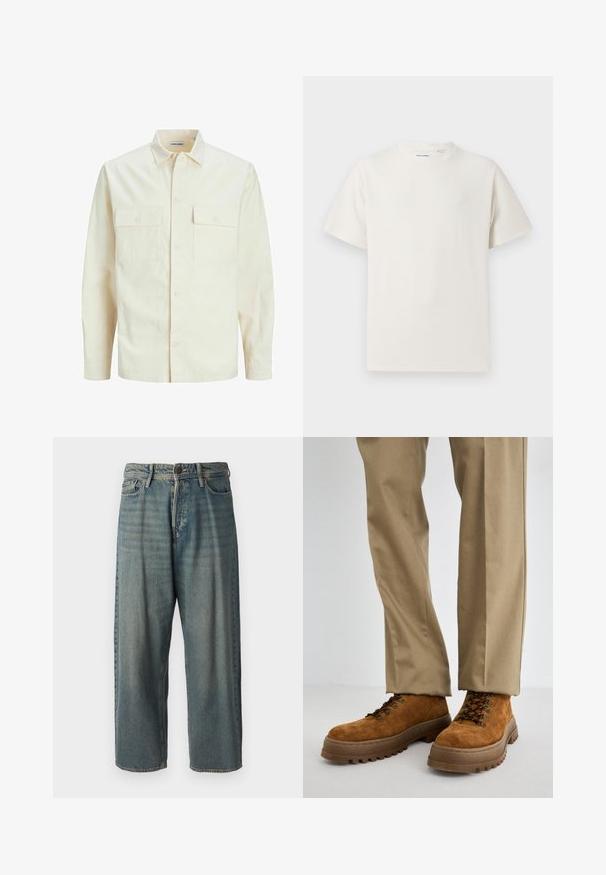 Kergedbež pika-särk pikkade varrukatega, krae ja kahe eespool asuva taskuga, nööpidega kinnitamine ja reljeefne materjal.; Valge lühikeste varrukatega T-särk ribakudumises. Ümar kaelus, mugav lõige, nähtavad mustrid ega aksessuaarid puuduvad. Lihtne ja mitmekesine disain.; Heledad sinine denim-stiilis teksad, volüümse lõike, keskmise kõrgusega talje ja sirgete säärega. Omab viit taskut, vöökumme ja nööpide sulgemist.; Pruunist seemisest valmistatud saapad, millel on paks kummist tall, metallist nööbid, pruunid stringsid ja pehmendatud pitsi, koos beežide pükstega.