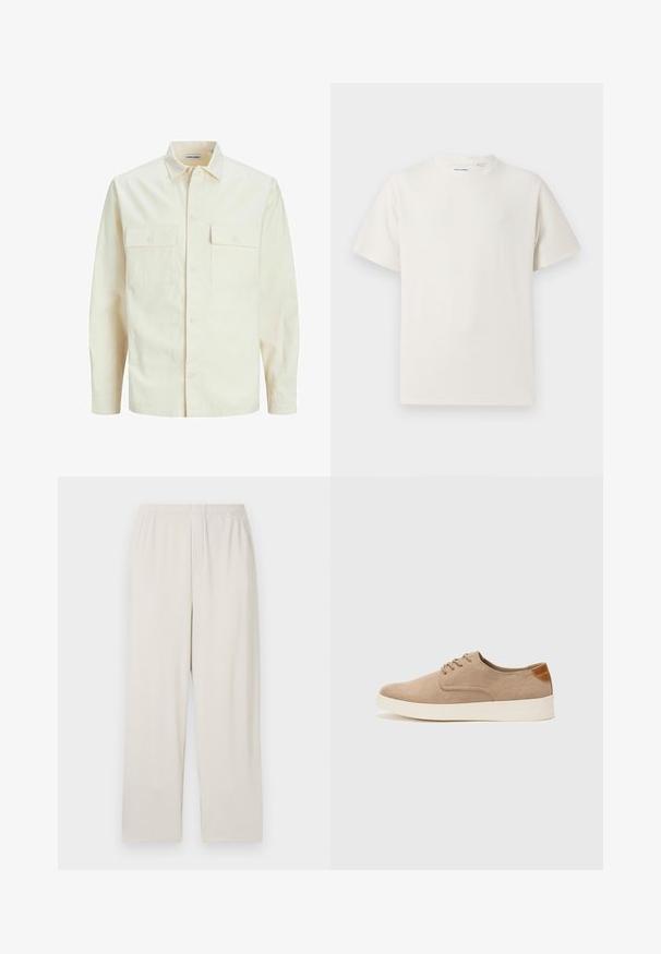 Lys beige langærmet skjorte med krave, to forlommer, knaplukning og et tekstureret stof.; Hvid kortærmet T-shirt i ribbet tekstur. Rund halsudskæring, løs pasform, ingen synlige mønstre eller accenter. Enkel og alsidig design.; Beige ribbede bredbenede bukser med elastisk talje. Har lodrette striber og et blødt, struktureret stof.; Beige ruskinds sneakers med rund tå, snørebånd foran og en struktureret rygdetalje. Hvid gummisål giver kontrast. Enkel og moderne design.