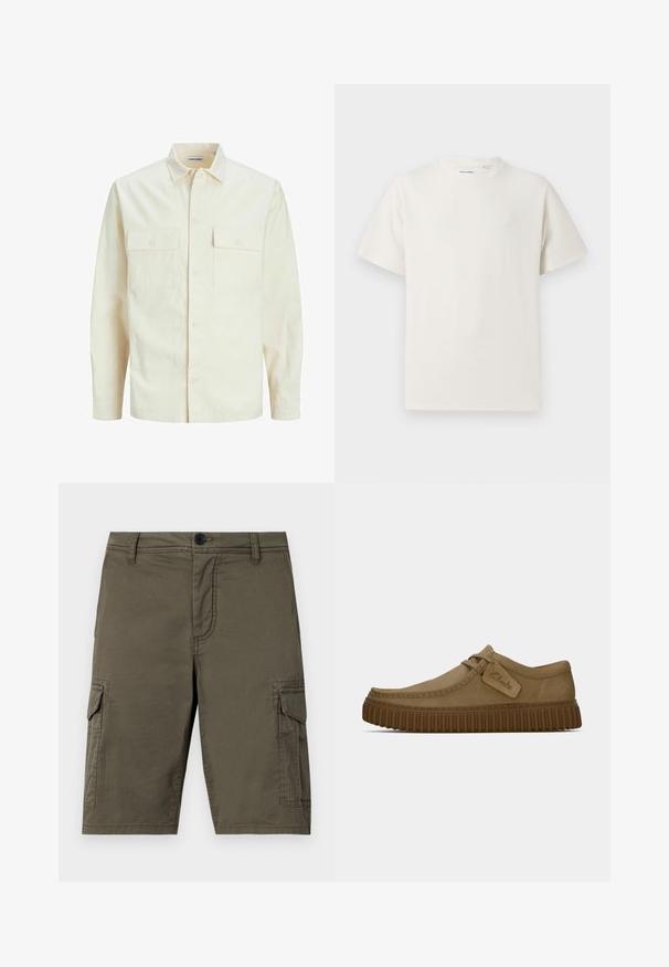 Cămașă lungă cu mâneci lungi de culoare bej deschis, cu guler, două buzunare frontale, închidere cu butoane și un material texturat.; Tricou alb cu maneci scurte, dintr-un material ribbed. Guler rotund, croi lejer, fără modele sau accente vizibile. Design simplu și versatil.; Pantaloni scurți cargo de culoare verde măslin, dintr-un material texturat, cu două buzunare laterale și închidere cu buton în față. Lungime medie, cu croială dreptă.; Pantofi din suede maro deschis, cu vârful rotund, detalii cusute și talpă din cauciuc maro nervurată. Prezintă un eticheta laterală cu logo-ul "Clarks".