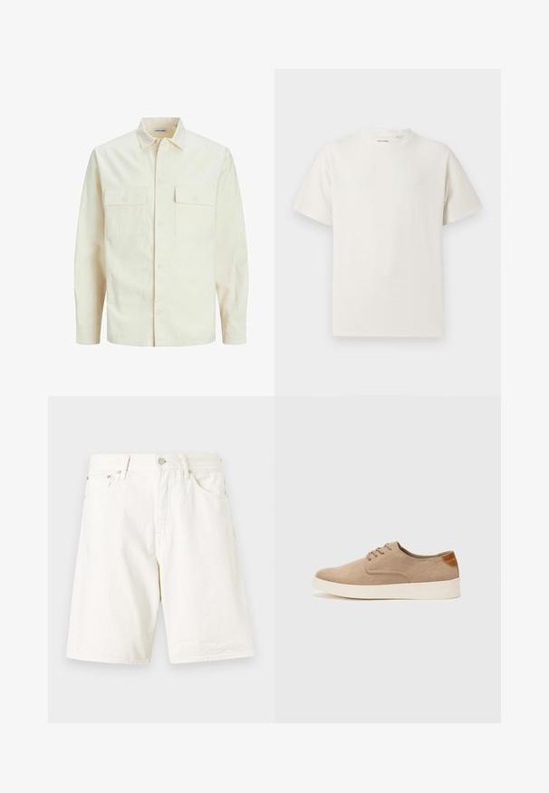 Gai bēšs garām piedurknēm krekls ar apkakles izgriezumu, divām priekšējām kabatām, pogu aizdari un teksturētu audumu.; Balta krūštura īsām piedurknēm ar ribota auduma faktūru. Apaļš kakla izgriezums, brīvs griezums, bez redzamām rakstām vai akcentiem. Vienkāršs un daudzpusīgs dizains.; Balinātas baltas džinsu šorti ar taisnu griezumu, aprīkoti ar jostu cilpiņām, rāvējslēdzēja atloku un divām priekšējām kabatām. Gluda tekstūra un vienkāršs dizains.; Beige zamšādas kedas ar noapaļotu purngala daļu, auklēm saplacinātu priekšpusi un teksturētu aizmugures akcentu. Balta gumijas zole nodrošina kontrastu. Vienkāršs un mūsdienīgs dizains.