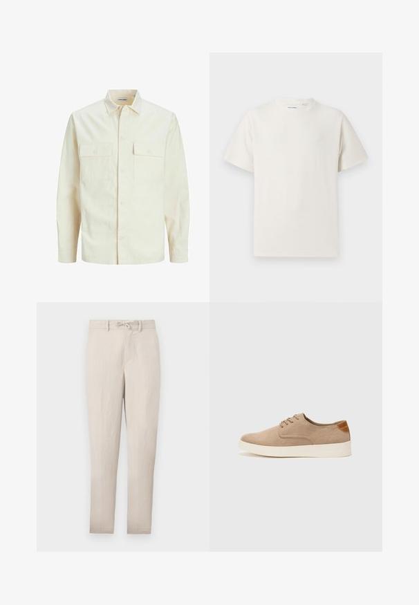 Világos bézs színű, hosszú ujjú ing, galléros nyakkal, két elülső zsebbel, gombos záródással és struktúrált anyaggal.; Fehér, rövid ujjú póló bordázott textúrával. Kerek nyakkivágás, laza szabás, nincs látható minta vagy díszítés. Egyszerű és sokoldalú dizájn.; Beige könnyű, tapered fazonú nadrág, amelynek húzózsinóros derékrésze, lapos eleje és minimális gyűrődés jellemzi. Övhurkokkal és oldalsó zsebekkel rendelkezik.; Beige velúr sportcipő, kerek orral, fűzős elülső résszel és textúrált hátsó részlettel. Fehér gumitalp kontrasztot ad. Egyszerű és modern design.