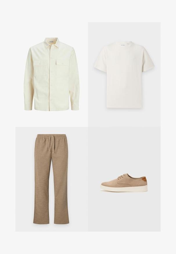 Cămașă lungă cu mâneci lungi de culoare bej deschis, cu guler, două buzunare frontale, închidere cu butoane și un material texturat.; Tricou alb cu maneci scurte, dintr-un material ribbed. Guler rotund, croi lejer, fără modele sau accente vizibile. Design simplu și versatil.; Pantaloni bej cu un model texturat, având un elastic în talie cu șnur. Design cu picior drept și ușor evazat la baza.; Tenisi din suede bej cu vârf rotund, sistem de șireturi în față și un accent texturat în spate. Talpa albă din cauciuc oferă un contrast. Design simplu și modern.
