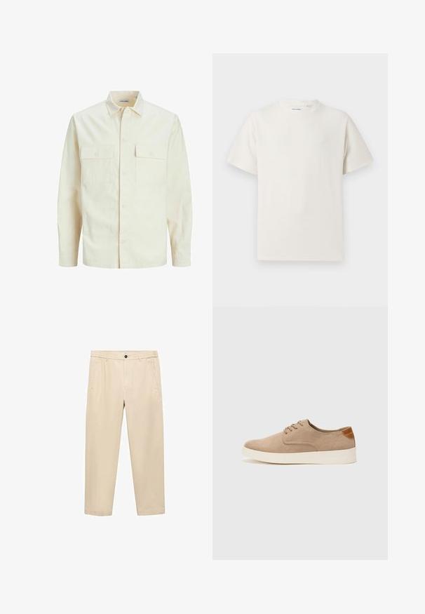 Light beige long-sleeve shirt with a collared neckline, two front pockets, button closure, and a textured fabric.; White short-sleeve T-shirt in a ribbed texture. Round neckline, relaxed fit, no visible patterns or accents. Simple and versatile design.; Beige, casual trousers made of a soft fabric; features an elastic waistband, front pockets, and a straight-leg cut.; Beige suede sneakers with a rounded toe, lace-up front, and a textured back accent. White rubber sole provides contrast. Simple and modern design.