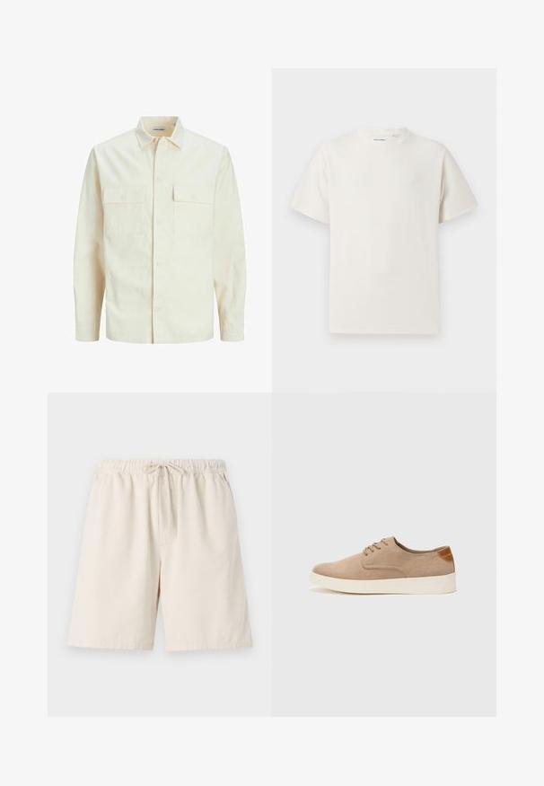Camicia beige chiaro a maniche lunghe con colletto, due tasche frontali, chiusura a bottoni e un tessuto texturizzato.; T-shirt bianca a maniche corte in texture a coste. Girocollo, vestibilità rilassata, senza modelli o accenti visibili. Design semplice e versatile.; Shorts a coste color beige chiaro con vita elastica e cordoncino. Presenta tasche laterali e una vestibilità comoda. Materiale in misto cotone.; Sneaker in suede beige con punta arrotondata, stringhe davanti e un accento testurizzato sul retro. La suola in gomma bianca offre un contrasto. Design semplice e moderno.