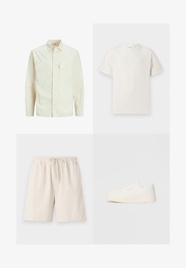 Cămașă lungă cu mâneci lungi de culoare bej deschis, cu guler, două buzunare frontale, închidere cu butoane și un material texturat.; Tricou alb cu maneci scurte, dintr-un material ribbed. Guler rotund, croi lejer, fără modele sau accente vizibile. Design simplu și versatil.; Șorturi ribbed de culoare bej deschis, cu talie elastică și șnur. Dispun de buzunare laterale și o croială lejeră. Material din amestec de bumbac.; Tenisi albi slip-on cu o suprafață texturată, talpă groasă și un design minimalist. Prezintă logo-ul brandului pe lateral.