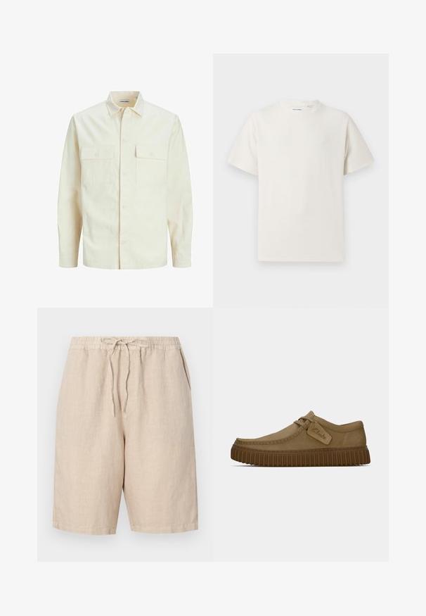 Gai bēšs garām piedurknēm krekls ar apkakles izgriezumu, divām priekšējām kabatām, pogu aizdari un teksturētu audumu.; Balta krūštura īsām piedurknēm ar ribota auduma faktūru. Apaļš kakla izgriezums, brīvs griezums, bez redzamām rakstām vai akcentiem. Vienkāršs un daudzpusīgs dizains.; Linu šorti gaiši bēša krāsā ar elastīgu jostu, regulējamu aukliņu un sānu kabatām. Gluda tekstūra ar brīvu piegulumu.; Gai brūni zamša apavi ar noapaļotu purngalu, šuvju detaļām un ribotu brūnu gumijas zoli. Satur sānu uzlīmi ar "Clarks" logotipu.