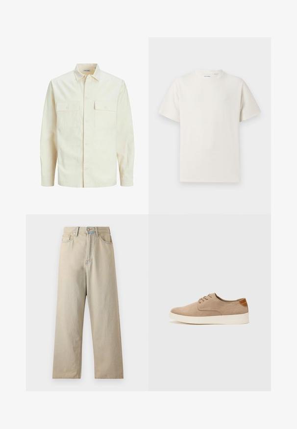 Svijetlo bež košulja dugih rukava s ovratnikom, dva prednja džepa, zatvaranje na dugmad i teksturirani materijal.; Bijela kratka majica s kratkim rukavima u rebrastoj teksturi. Okrugli izrez, ležeran kroj, bez vidljivih uzoraka ili akcenta. Jednostavan i svestran dizajn.; Svijetlosmeđi široki traperice visokog struka, izrađene od traper tkanine. Imaju klasičan stil s pet džepova i suptilno izbljeđivanje.; Bež nubuk tenisice s okruglim vrhom, vezanjem sprijeda i teksturiranim stražnjim naglaskom. Bijela gumena potpetica pruža kontrast. Jednostavan i moderan dizajn.