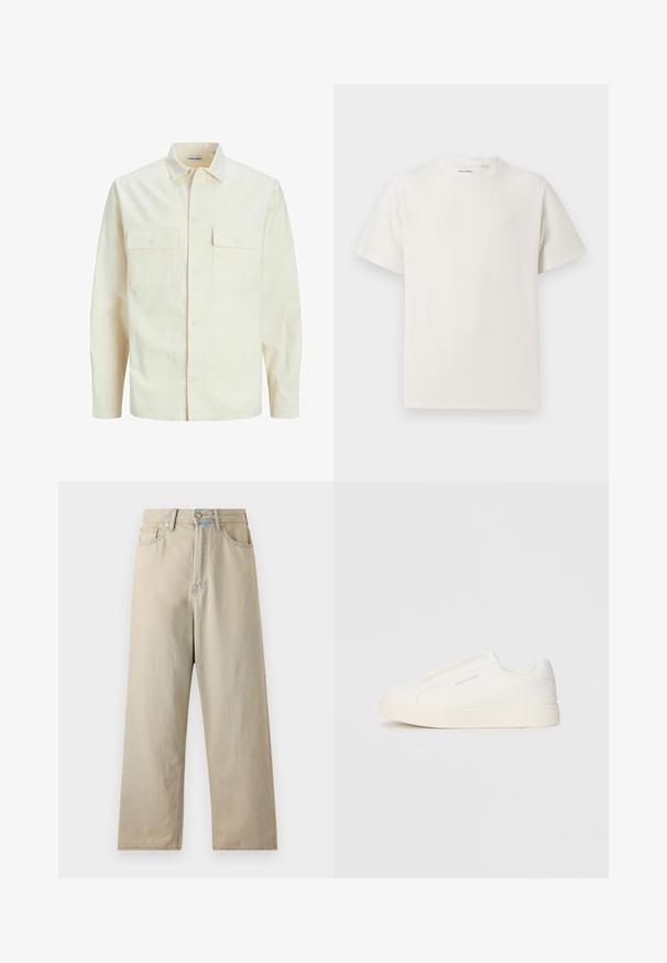 Kergedbež pika-särk pikkade varrukatega, krae ja kahe eespool asuva taskuga, nööpidega kinnitamine ja reljeefne materjal.; Valge lühikeste varrukatega T-särk ribakudumises. Ümar kaelus, mugav lõige, nähtavad mustrid ega aksessuaarid puuduvad. Lihtne ja mitmekesine disain.; Heledad beežid lai-püksid, kõrgema vöökohaga, valmistatud denimpaksudest. Omab klassikalist viit tasku ja peent tuhmumist.; Valged libisemiskindlad tossud tekstuuriga pinnaga, paksu tallaga ja minimalistikus disainis. Küljel on brändi logo.