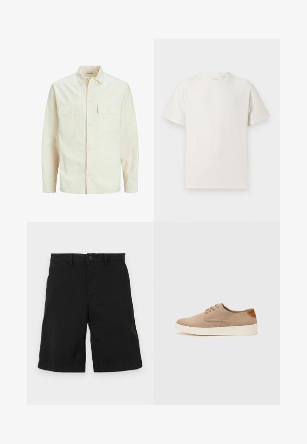 Gai bēšs garām piedurknēm krekls ar apkakles izgriezumu, divām priekšējām kabatām, pogu aizdari un teksturētu audumu.; Balta krūštura īsām piedurknēm ar ribota auduma faktūru. Apaļš kakla izgriezums, brīvs griezums, bez redzamām rakstām vai akcentiem. Vienkāršs un daudzpusīgs dizains.; Melnas kokvilnas šortos ar platu priekšpusi, ar pogu aizdari un sānu kabatām, bez redzamām rakstām vai akcentiem.; Beige zamšādas kedas ar noapaļotu purngala daļu, auklēm saplacinātu priekšpusi un teksturētu aizmugures akcentu. Balta gumijas zole nodrošina kontrastu. Vienkāršs un mūsdienīgs dizains.