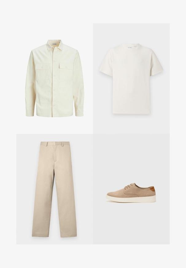 Cămașă lungă cu mâneci lungi de culoare bej deschis, cu guler, două buzunare frontale, închidere cu butoane și un material texturat.; Tricou alb cu maneci scurte, dintr-un material ribbed. Guler rotund, croi lejer, fără modele sau accente vizibile. Design simplu și versatil.; Pantaloni bej cu croi drept, față netedă, două buzunare laterale și fermoar. Fabricat dintr-un material de bumbac fin.; Tenisi din suede bej cu vârf rotund, sistem de șireturi în față și un accent texturat în spate. Talpa albă din cauciuc oferă un contrast. Design simplu și modern.