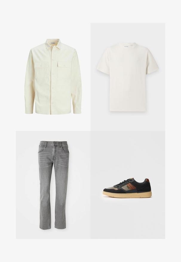 Svetlo bež srajca z dolgimi rokavi, ovratnim izrezom, dvema sprednjima žepoma, zapenjanjem na gumbe in teksturirano tkanino.; Bela majica s kratkimi rokavi iz rebraste tkanine. Okrogli izrez, sproščen kroj, brez vidnih vzorcev ali naglasov. Preprosta in vsestranska zasnova.; Sive traperice s ravnim nogavicami, petimi žepi in subtilnim bledenjem. Imajo kovinsko zaklepanje in zanke za pas.; Črne in rjave nizke superge s bež podplatom, čipkami in stranskim logotipom na enobarvni beli podlagi.