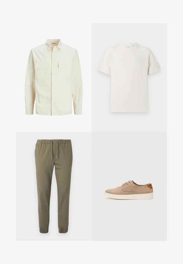Light beige long-sleeve shirt with a collared neckline, two front pockets, button closure, and a textured fabric.; White short-sleeve T-shirt in a ribbed texture. Round neckline, relaxed fit, no visible patterns or accents. Simple and versatile design.; Olive green, tapered pants with an elastic waistband and adjustable drawstring. Features elastic cuffs and a smooth, lightweight fabric.; Beige suede sneakers with a rounded toe, lace-up front, and a textured back accent. White rubber sole provides contrast. Simple and modern design.