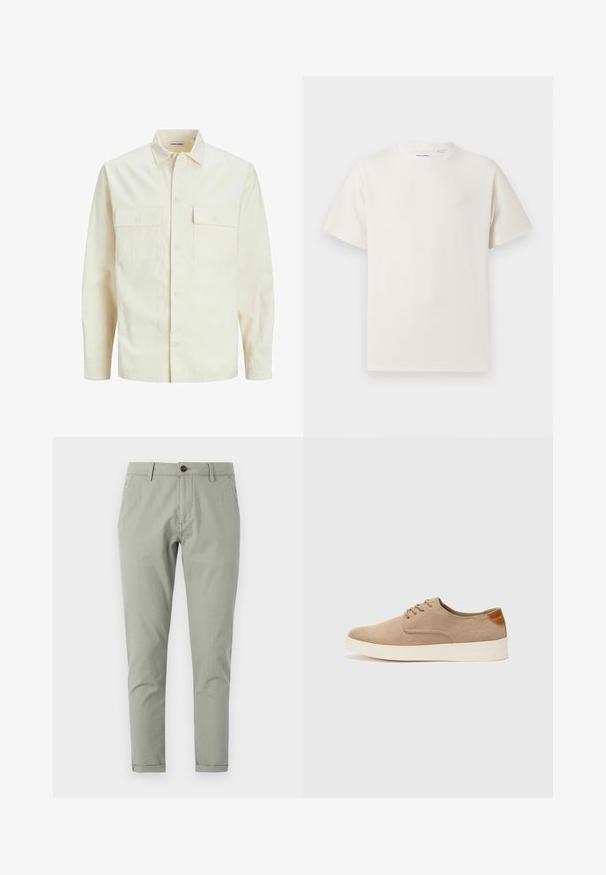 Cămașă lungă cu mâneci lungi de culoare bej deschis, cu guler, două buzunare frontale, închidere cu butoane și un material texturat.; Tricou alb cu maneci scurte, dintr-un material ribbed. Guler rotund, croi lejer, fără modele sau accente vizibile. Design simplu și versatil.; Chino verde personalizat, realizat din bumbac ușor. Include un sistem de închidere cu nasture, buzunare frontale și posterioare, precum și un design cu picior îngust.; Tenisi din suede bej cu vârf rotund, sistem de șireturi în față și un accent texturat în spate. Talpa albă din cauciuc oferă un contrast. Design simplu și modern.