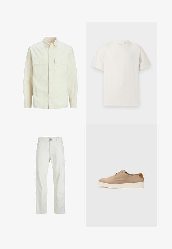 Světle béžová košile s dlouhým rukávem, límečkem, dvěma předními kapsami, zapínáním na knoflíky a strukturovanou tkaninou.; Bílý krátký rukáv tričko s pružnou strukturou. Kulatý výstřih, volný střih, bez viditelných vzorů nebo detailů. Jednoduchý a univerzální design.; Bílé cargo kalhoty s uvolněným střihem, předním zapínáním na knoflík a několika kapsami po stranách, vyrobené z odolného bavlněného materiálu.; Béžové semišové tenisky s kulatou špičkou, šněrováním vpředu a texturovaným zadním akcentem. Bílá gumová podrážka poskytuje kontrast. Jednoduchý a moderní design.