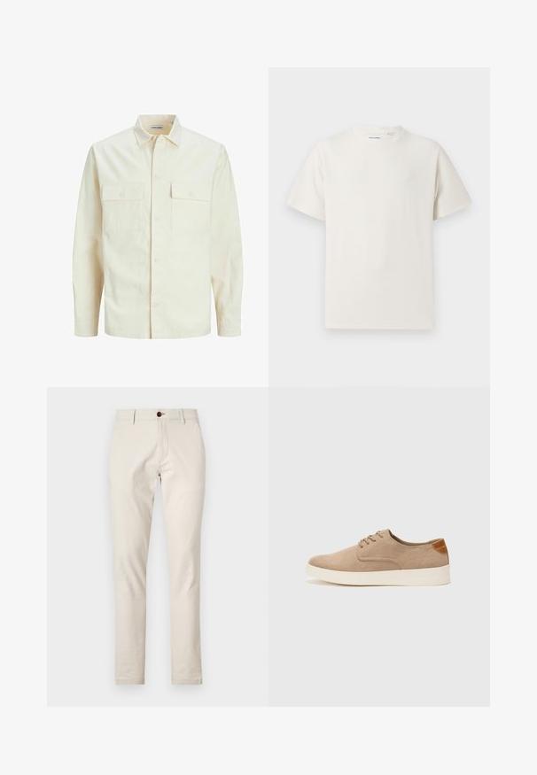 Kergedbež pika-särk pikkade varrukatega, krae ja kahe eespool asuva taskuga, nööpidega kinnitamine ja reljeefne materjal.; Valge lühikeste varrukatega T-särk ribakudumises. Ümar kaelus, mugav lõige, nähtavad mustrid ega aksessuaarid puuduvad. Lihtne ja mitmekesine disain.; Beežid puuvillased püksid kitsas lõikes, ees taskud ja üks pruun nupuvajutus vööl. Sile tekstuur.; Beežid nahast tossud ümarate varvastega, paeltega esiosa ja tekstuuriga tagakontuuriga. Valge kummist tallapakkumine loob kontrasti. Lihtne ja kaasaegne disain.