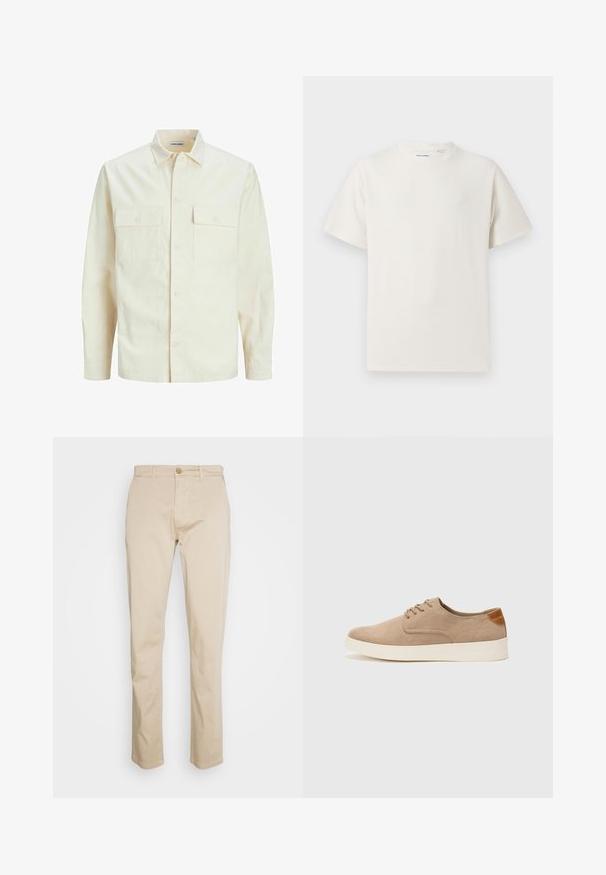 Svetlo béžová košeľa s dlhým rukávom, s golierom, dvoma prednými vreckami, zapínaním na gombíky a textúrovanou látkou.; Biela krátka tričko s krátkym rukávom so žebrovanou textúrou. Okrúhly výstrih, uvoľnený strih, žiadne viditeľné vzory ani akcenty. Jednoduchý a všestranný dizajn.; Béžové bavlnené chinos s rovnými nohavicami, s gombíkovým zapínaním a jemnou textúrou. Žiadne viditeľné vzory alebo akcenty.; Béžové semišové tenisky s okrúhlou špičkou, šnurovaním vpredu a textúrovaným zadným akcentom. Biela gumová podrážka poskytuje kontrast. Jednoduchý a moderný dizajn.