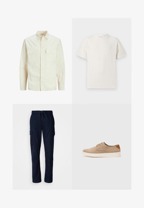 Chemise longue à manches longues beige clair avec un col, deux poches frontales, fermeture à boutons et un tissu texturé.; T-shirt blanc à manches courtes en texture côtelée. Encolure ronde, coupe décontractée, sans motifs ni accents visibles. Design simple et polyvalent.; Pantalons cargo bleu marine en tissu durable, dotés de deux poches latérales et d'une taille à cordon de serrage pour un ajustement réglable.; Baskets en daim beige avec un embout arrondi, un laçage sur le devant et un accent texturé à l'arrière. La semelle en caoutchouc blanche offre un contraste. Design simple et moderne.