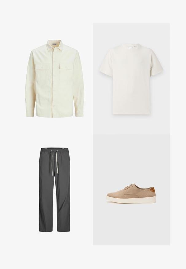 Light beige long-sleeve shirt with a collared neckline, two front pockets, button closure, and a textured fabric.; White short-sleeve T-shirt in a ribbed texture. Round neckline, relaxed fit, no visible patterns or accents. Simple and versatile design.; Gray, lightweight pants with an elastic waistband and white drawstring. Loose-fitting design, smooth texture, no visible patterns or accents.; Beige suede sneakers with a rounded toe, lace-up front, and a textured back accent. White rubber sole provides contrast. Simple and modern design.