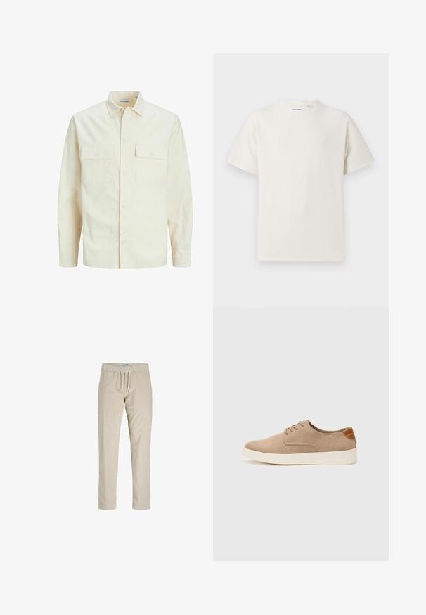 Camicia beige chiaro a maniche lunghe con colletto, due tasche frontali, chiusura a bottoni e un tessuto texturizzato.; T-shirt bianca a maniche corte in texture a coste. Girocollo, vestibilità rilassata, senza modelli o accenti visibili. Design semplice e versatile.; Pantaloni in velluto a coste beige con vita regolabile, gambe dritte e texture a coste verticali. Senza tasche o decorazioni aggiuntive.; Sneaker in suede beige con punta arrotondata, stringhe davanti e un accento testurizzato sul retro. La suola in gomma bianca offre un contrasto. Design semplice e moderno.