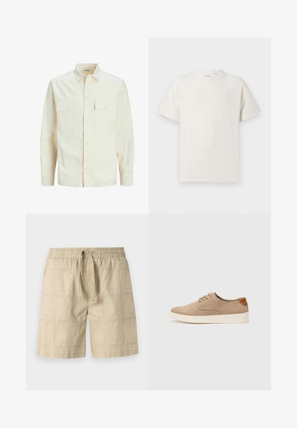 Világos bézs színű, hosszú ujjú ing, galléros nyakkal, két elülső zsebbel, gombos záródással és struktúrált anyaggal.; Fehér, rövid ujjú póló bordázott textúrával. Kerek nyakkivágás, laza szabás, nincs látható minta vagy díszítés. Egyszerű és sokoldalú dizájn.; Beige színű, könnyű anyagú sort, rugalmas derékkal és húzózsinórral, finom rácsos mintával és egyenes szabással.; Beige velúr sportcipő, kerek orral, fűzős elülső résszel és textúrált hátsó részlettel. Fehér gumitalp kontrasztot ad. Egyszerű és modern design.