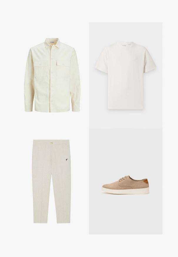 Világos bézs színű, hosszú ujjú ing, galléros nyakkal, két elülső zsebbel, gombos záródással és struktúrált anyaggal.; Fehér, rövid ujjú póló bordázott textúrával. Kerek nyakkivágás, laza szabás, nincs látható minta vagy díszítés. Egyszerű és sokoldalú dizájn.; Világos bézs színű, finoman textúrázott, szabott nadrág, gombos záródással és hímzett sötét emblémával a zseb közelében.; Beige velúr sportcipő, kerek orral, fűzős elülső résszel és textúrált hátsó részlettel. Fehér gumitalp kontrasztot ad. Egyszerű és modern design.