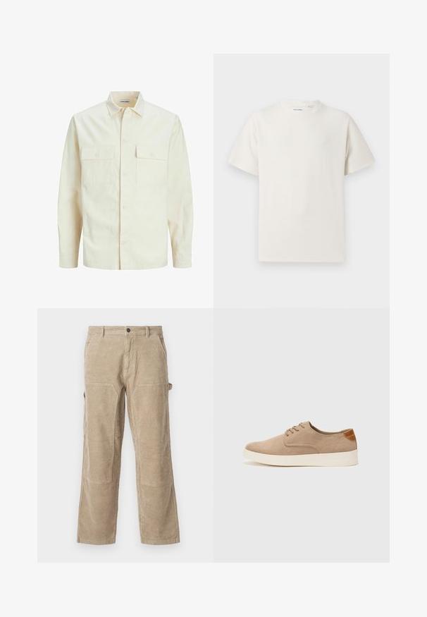 Svetlo bež srajca z dolgimi rokavi, ovratnim izrezom, dvema sprednjima žepoma, zapenjanjem na gumbe in teksturirano tkanino.; Bela majica s kratkimi rokavi iz rebraste tkanine. Okrogli izrez, sproščen kroj, brez vidnih vzorcev ali naglasov. Preprosta in vsestranska zasnova.; Bež žametne hlače s ravnimi nogavicami, ki imajo stranske žepe in ojačane kolenske delce. Tekstilirano blago z navpičnimi rebrinami.; Bež tkanine usnjene superge z zaobljenim nosom, vezalkami na sprednji strani in teksturiranim zadnjim detajlom. Belo gumijasto podplato zagotavlja kontrast. Enostaven in sodoben dizajn.