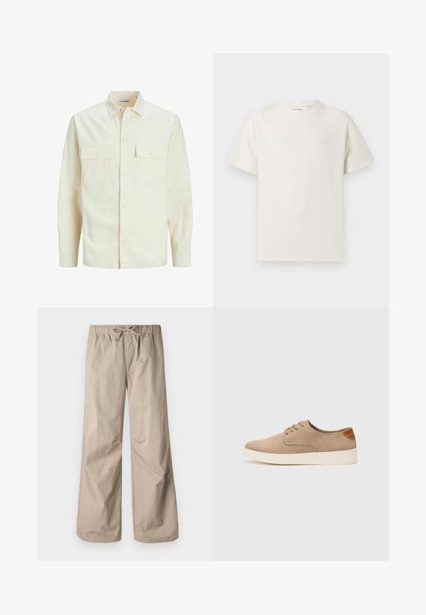 Světle béžová košile s dlouhým rukávem, límečkem, dvěma předními kapsami, zapínáním na knoflíky a strukturovanou tkaninou.; Bílý krátký rukáv tričko s pružnou strukturou. Kulatý výstřih, volný střih, bez viditelných vzorů nebo detailů. Jednoduchý a univerzální design.; Béžové kalhoty širokého střihu s elastickým pasem a stahovací šňůrkou. Hladký materiál, dvě boční kapsy a minimální švy pro uvolněný fit.; Béžové semišové tenisky s kulatou špičkou, šněrováním vpředu a texturovaným zadním akcentem. Bílá gumová podrážka poskytuje kontrast. Jednoduchý a moderní design.