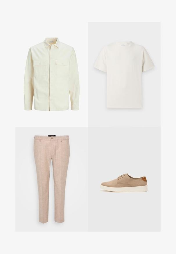 Světle béžová košile s dlouhým rukávem, límečkem, dvěma předními kapsami, zapínáním na knoflíky a strukturovanou tkaninou.; Bílý krátký rukáv tričko s pružnou strukturou. Kulatý výstřih, volný střih, bez viditelných vzorů nebo detailů. Jednoduchý a univerzální design.; Světle béžové kalhoty vyrobené z lněné směsové tkaniny, s plochým předním dílem, poutky na opasek a jednou knoflíkovouzkou. Střih rovného nohavic.; Béžové semišové tenisky s kulatou špičkou, šněrováním vpředu a texturovaným zadním akcentem. Bílá gumová podrážka poskytuje kontrast. Jednoduchý a moderní design.