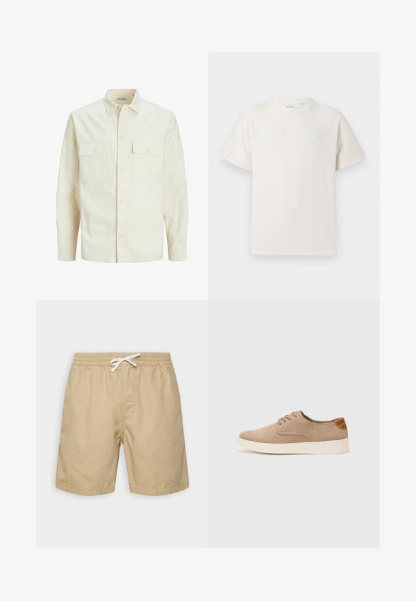Vaaleanbeige pitkähihaisen paidan, jossa on kaulukset, kaksi etutaskua, nappikiinnitys ja tekstiilissä on tekstuuria.; Valkoinen lyhythihainen T-paita ribbikuviossa. Pyöreä kaula-aukko, rento istuvuus, ei näkyviä kuvioita tai yksityiskohtia. Yksinkertainen ja monikäyttöinen muotoilu.; Beige puuvillashortsit, joissa on joustava vyötärö, naru ja kaksi sivutaskua. Silkkinen rakenne, polvitason muotoilu.; Beige nubuck-lenkkarit, joissa on pyöreä kärki, nauhakiinnitys ja teksturoitu takaosa. Valkoinen kumipohja tuo kontrastia. Yksinkertainen ja moderni muotoilu.