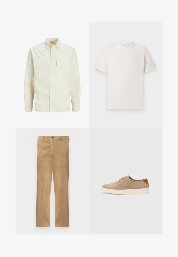 Gai bēšs garām piedurknēm krekls ar apkakles izgriezumu, divām priekšējām kabatām, pogu aizdari un teksturētu audumu.; Balta krūštura īsām piedurknēm ar ribota auduma faktūru. Apaļš kakla izgriezums, brīvs griezums, bez redzamām rakstām vai akcentiem. Vienkāršs un daudzpusīgs dizains.; Khaki krāsu korduroja bikses ar taisnu piegriezumu, ar smalku vertikālu ribošanu, pogu aizdari un standarta jostas cilpām.; Beige zamšādas kedas ar noapaļotu purngala daļu, auklēm saplacinātu priekšpusi un teksturētu aizmugures akcentu. Balta gumijas zole nodrošina kontrastu. Vienkāršs un mūsdienīgs dizains.