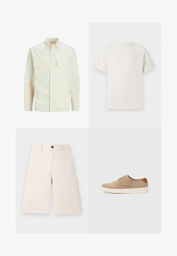 Lys beige langærmet skjorte med krave, to forlommer, knaplukning og et tekstureret stof.; Hvid kortærmet T-shirt i ribbet tekstur. Rund halsudskæring, løs pasform, ingen synlige mønstre eller accenter. Enkel og alsidig design.; Beige bomuldsshorts med lige skæring, der har en knaplukning og bæltesløjfer. Glat tekstur uden mønstre eller accenter.; Beige ruskinds sneakers med rund tå, snørebånd foran og en struktureret rygdetalje. Hvid gummisål giver kontrast. Enkel og moderne design.