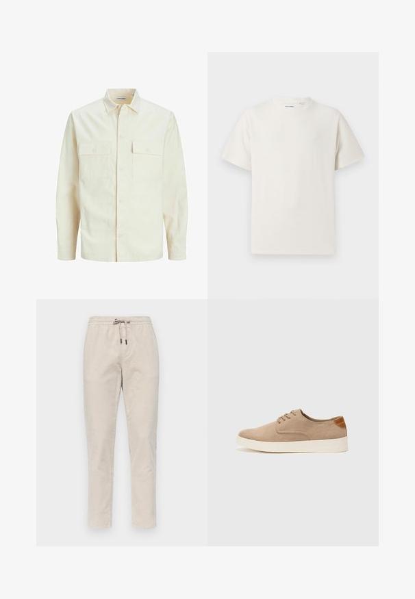 Ljusbeige långärmad skjorta med krage, två framfickor, knäppning och en texturerad tyg.; Vit t-shirt med kort ärm i ribbad struktur. Rund halsringning, löst sittande passform, inga synliga mönster eller detaljer. Enkelt och mångsidigt design.; Beige, elastiska joggerbyxor tillverkade av strukturerad tyg. Har en dragsko i midjan och taperade ben utan synliga fickor.; Beige mockasinsneakers med rund tå, snörning fram och texturerad bakaxel. Vit gummisula ger kontrast. Enkelt och modernt design.