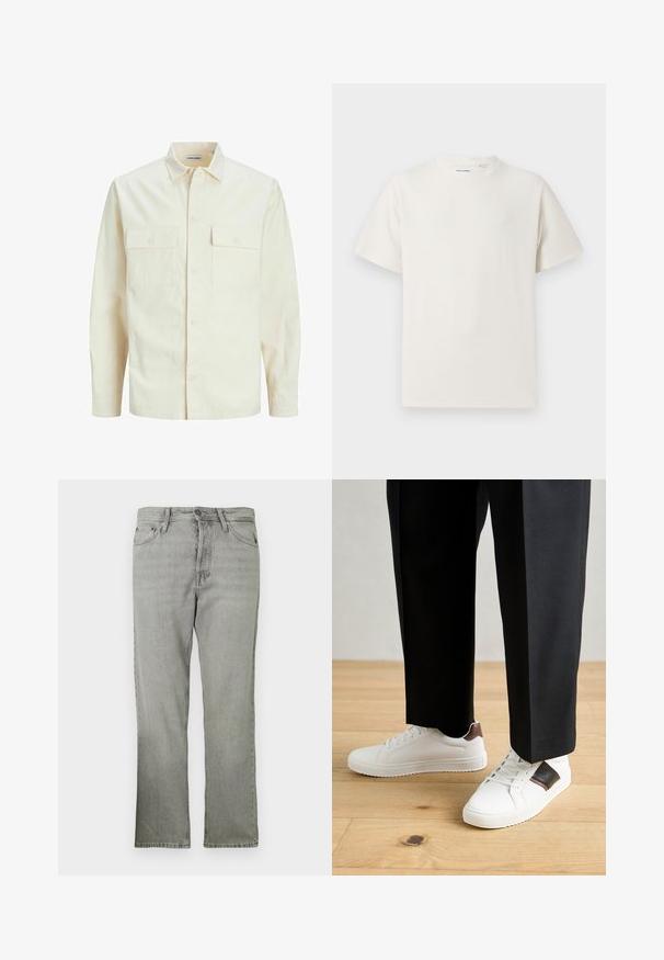 Cămașă lungă cu mâneci lungi de culoare bej deschis, cu guler, două buzunare frontale, închidere cu butoane și un material texturat.; Tricou alb cu maneci scurte, dintr-un material ribbed. Guler rotund, croi lejer, fără modele sau accente vizibile. Design simplu și versatil.; Jeans din denim gri deschis cu croi drept, având un stil cu cinci buzunare, fermoar frontal și o textură subtilă decolorată.; Sneakers albe cu textură netedă, având accente din piele maro și detalii negre, asociate cu pantaloni negri pe măsură. Fundal din podea din lemn.