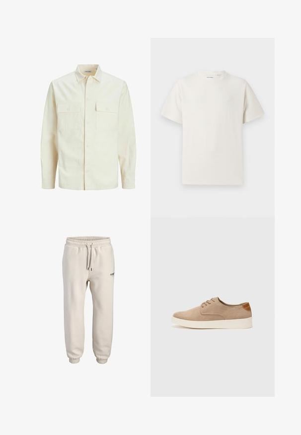 Jasno beżowa koszula z długim rękawem, z kołnierzykiem, dwoma kieszeniami z przodu, zapięciem na guziki i teksturowanym materiałem.; Biała krótka koszulka z krótkim rękawem o żebrowanej fakturze. Okrągły dekolt, luźny krój, brak widocznych wzorów lub akcentów. Prosty i uniwersalny design.; Jasno beżowe spodnie dresowe wykonane z miękkiego materiału, z elastycznym pasem ze sznurkiem i zwężanymi mankietami. Mały detal z logo z przodu.; Beżowe zamszowe sneakersy z okrągłym noskiem, sznurowanym przodem i teksturowanym akcentem na tyle. Biała gumowa podeszwa tworzy kontrast. Prosty i nowoczesny design.