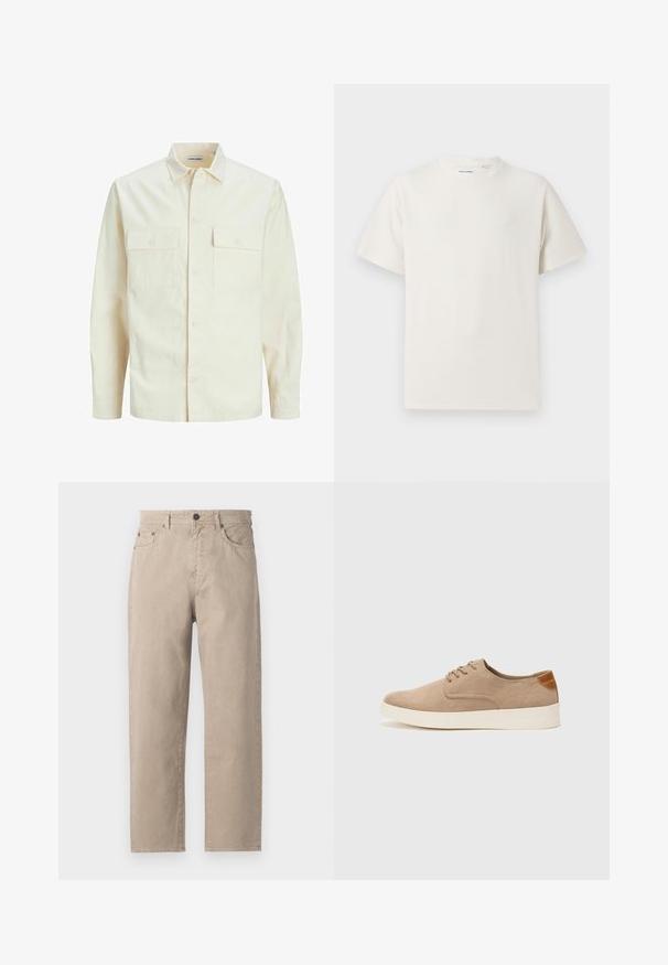 Kergedbež pika-särk pikkade varrukatega, krae ja kahe eespool asuva taskuga, nööpidega kinnitamine ja reljeefne materjal.; Valge lühikeste varrukatega T-särk ribakudumises. Ümar kaelus, mugav lõige, nähtavad mustrid ega aksessuaarid puuduvad. Lihtne ja mitmekesine disain.; Beige puuvillased püksid otselegaaniga, millel on nööbiga kinnitus, viis taskut ja peened õmblusdetailid. Sile tekstuur.; Beežid nahast tossud ümarate varvastega, paeltega esiosa ja tekstuuriga tagakontuuriga. Valge kummist tallapakkumine loob kontrasti. Lihtne ja kaasaegne disain.